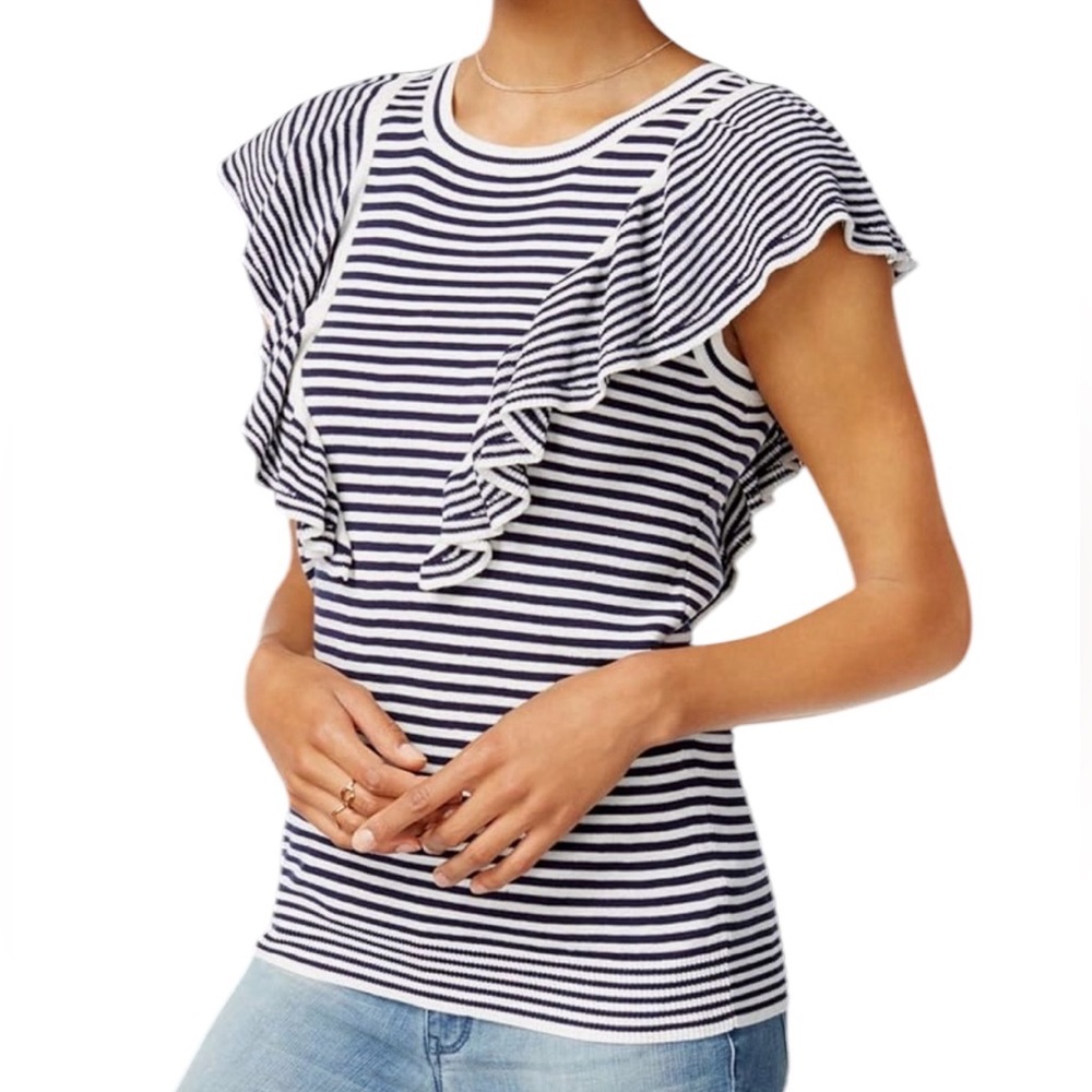 Maison Jules Flutter-Sleeve Striped Sweater